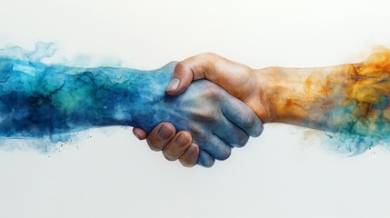 Two hands shaking, one painted blue and the other orange, symbolize partnership and creativity with colorful splashes surrounding them.