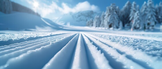 Freshly groomed ski slope with precise lines in the snow, under a clear winter sky.