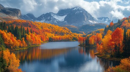 Scenic mountain landscape with vibrant autumn foliage reflecting in a tranquil lake