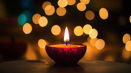 Photo of an elegant Diwali candle, with a bokeh background and warm colors.