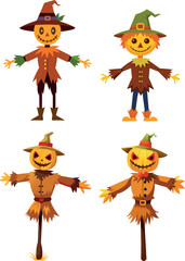 Four halloween pumpkin scarecrow wearing old clothes and hat standing posing