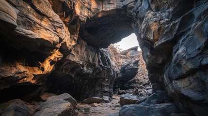 Obraz premium Majestic Rocky Cave with Sunlight Illuminating the Entrance in a Natural Landscape