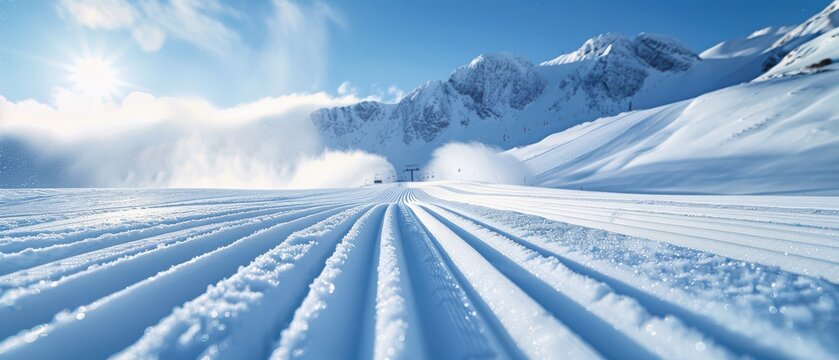 Freshly groomed ski slope with precise lines in the snow, under a clear winter sky.