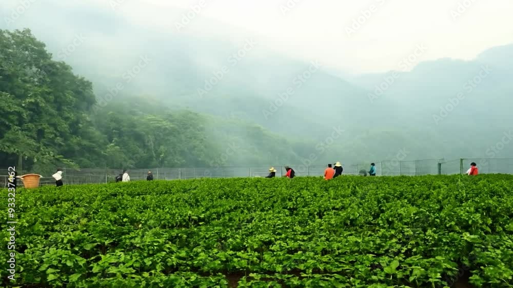 Poster the workers gather crops in verdant fields with misty hills in the background.