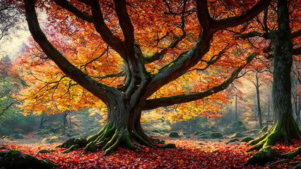 An enchanting landscape featuring a stunning autumn tree.