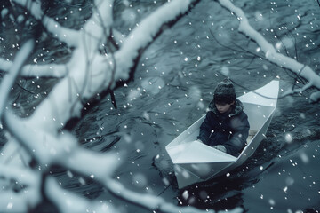 Naklejka premium A little boy in a white boat floating in water with snow falling and trees covered in snow. Surreal fantasy image of an origami folded paper boat gliding over rippling lake.