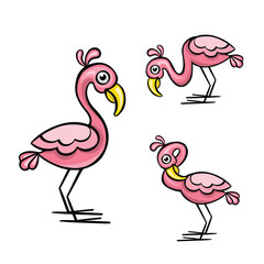 Set of pink flamingo birds, vector illustration isolated