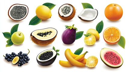 A vibrant flat design collection of tropical and exotic fruits against a clean white background showcasing nature's colorful bounty