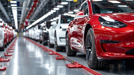 A row of new cars on an assembly line, with a red car in the foreground.