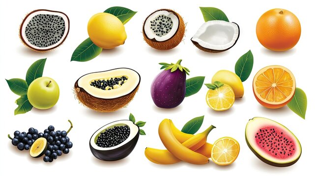 A vibrant flat design collection of tropical and exotic fruits against a clean white background showcasing nature's colorful bounty