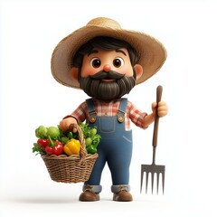 A cartoon farmer with a straw hat, holding a basket of vegetables and a pitchfork. Perfect for agricultural or farming-themed designs.