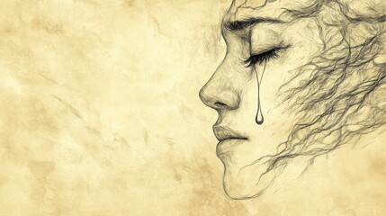 Biblical Illustration of Psalms 9: God Remembering the Cries of the Afflicted as a Tear Falls from a Sorrowful Person’s Face on Beige Background