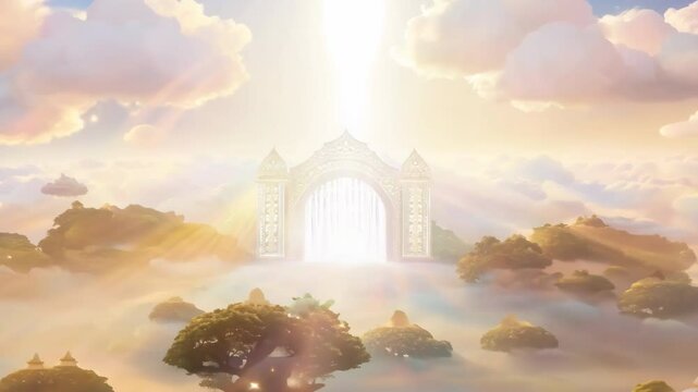 Beautiful gates to heaven in sky. Path through heavenly garden of Eden. Belief in life after death. End of road. Entrance beginning of afterlife. White fluffy clouds background. Terrestrial Paradise.