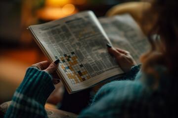 Naklejka premium Close up of a woman's hands with long, manicured nails holding a magazine with crossword puzzles.