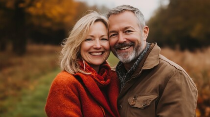 Fototapeta premium A happy middle-aged couple, smiling and looking at the camera in an autumn field.