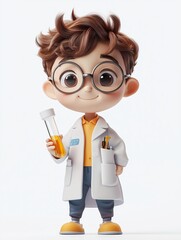 A cute cartoon scientist holding a test tube and smiling, wearing glasses and a lab coat. Ideal for science or education-themed designs.
