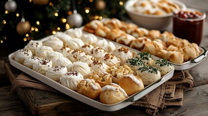   A close-up of a tray of food on a table next to a cup of coffee and Christmas tree