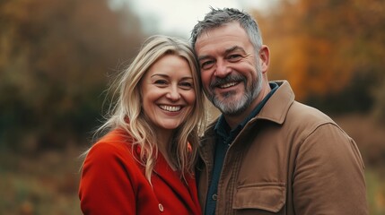 Fototapeta premium A happy middle-aged couple, smiling and looking at the camera in an autumn field.
