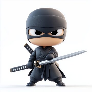 A cartoon ninja character in black, holding two swords with a determined expression. Perfect for action or stealth-themed designs.