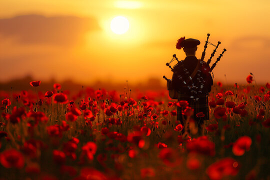 Back view of a bagpiper in a field of red poppies with a gravestone. A golden sunset over a meadow with a soldier playing music.