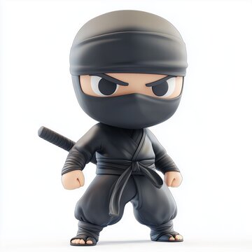 A chibi ninja in a black outfit, standing with a sword and serious expression. Ideal for martial arts or stealth-themed designs.