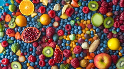 Fototapeta premium Random arrangement of colorful foods creating an abstract background