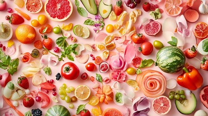 Abstract background with colorful foods arranged randomly
