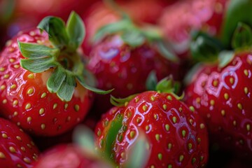 Juicy red strawberries with green leaves