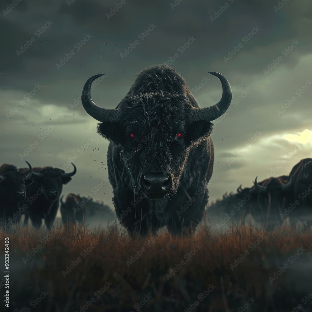 Poster Fierce bison in a stormy field