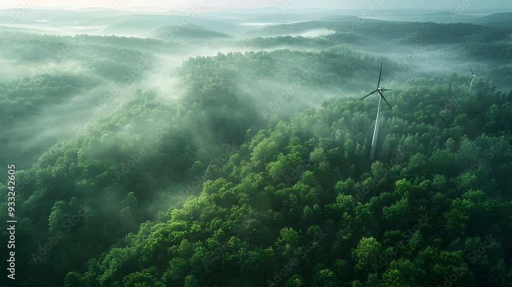 Aufkleber seamlessly blended wind turbine array harmonizing with dense forested landscape