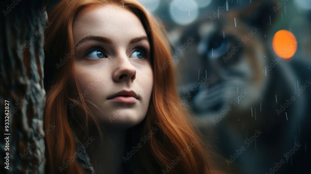 Poster Pensive young woman in rainy city