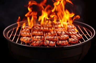 Grilled meat on a flaming barbecue