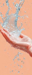 Fototapeta premium A hand gracefully splashes water against a soft peach background, symbolizing freshness and vitality in a tranquil moment.