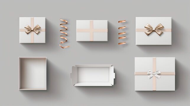 Realistic slide box in different position and view mockup set with ribbon to pull out vector illustration isolated on grey background. Closed and opened gift blank cardboard container