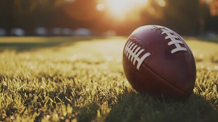 A football resting on grass at sunset, atmosphere of anticipation for afternoon games. Centered in the frame, the ball, capturing both the elegance and ruggedness of the sport