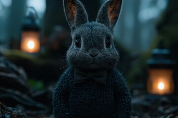 Adorable grey rabbit in cozy sweater