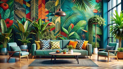 Abstract patterns blend with bold colors, lush plants sway amidst geometric shapes, and vibrant hues infuse a space with energetic and playful sophistication.