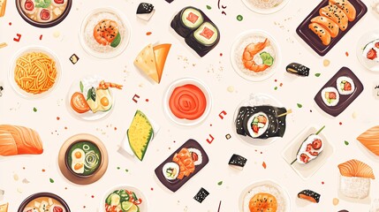 Abstract pattern of different cuisines placed randomly on a light gradient background