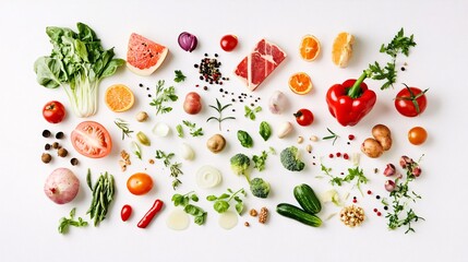 Random arrangement of various foods on a soft white background