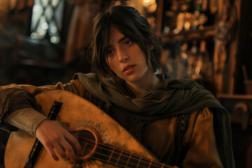 A musician with short hair looking pensive as they play on a lute. A nostalgic bard or minstrel playing a string instrument in a warm and cozy interior.