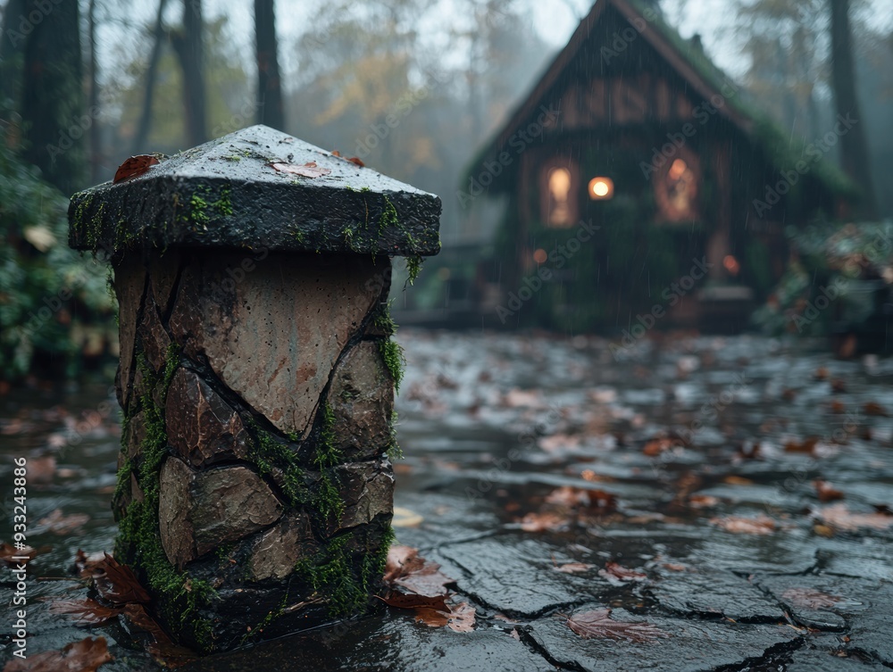 Wall mural cozy cabin in the woods on a rainy day