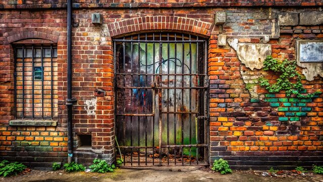 A worn, graffiti-covered brick wall with rusty metal bars and a broken gate, conveying a sense of neglect and juvenile delinquency.