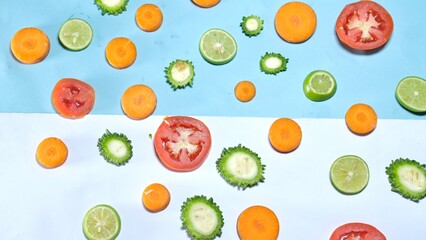 Fresh organic healthy fruits and vegetables decorated on colourful background