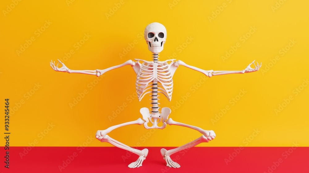 Poster inner balance: skeleton demonstrating yoga pose with remarkable flexibility and joint articulation, 