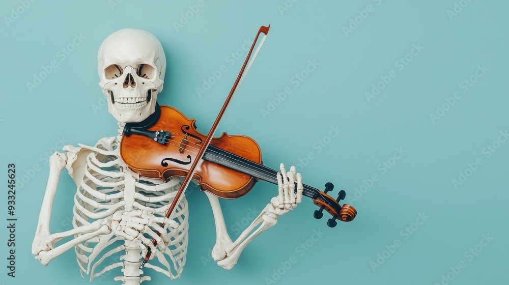 Poster melodic bones: intricate 8k art of skeleton playing violin with emphasized bone structure, copy spac