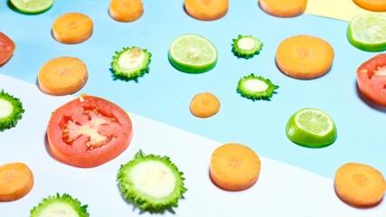 Fresh organic healthy fruits and vegetables decorated on colourful background