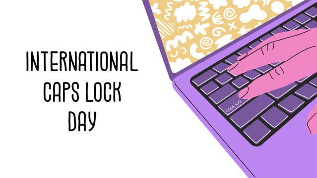 International Caps Lock Day. Laptop screen and keyboard, finger pressing the caps lock button. Typing text in capital letters. Funny holiday. Vector illustration isolated on transparent background.