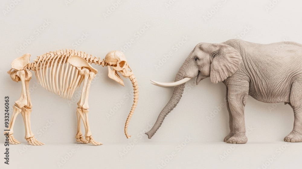 Poster evolutionary similarities and differences: elephant and mammoth skeletons comparison | detailed 8k i
