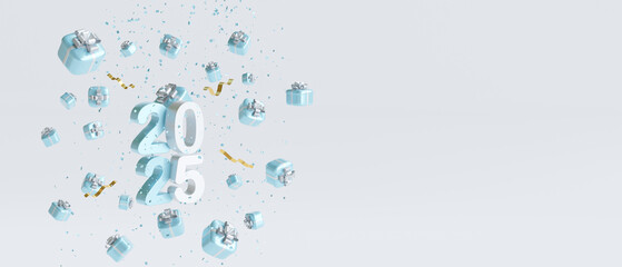 Gift box and number 2025. Happy New Year, 3d rendering