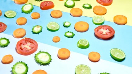 Fresh organic healthy fruits and vegetables decorated on colourful background